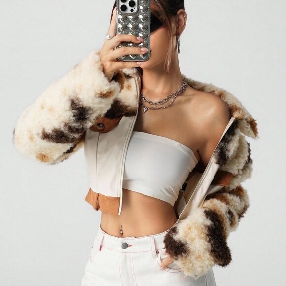 western Casual Women's faux Leather & faux Fur Patchwork Cropped Jacket, - Picture 3 of 8